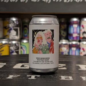 Disco Bong Bong Rijke Fruit Sour in blik, alcohol 3.8%, kleurrijk ontwerp.