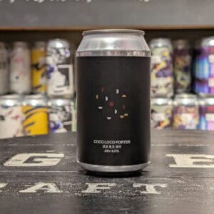 Modern zwart blik met Coco Loco Porter logo en alcoholpercentage.