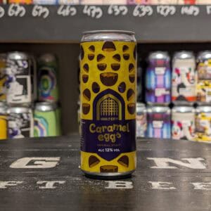 Blik van Caramel Egg Imperial Stout met gele en chocolade kleuren.