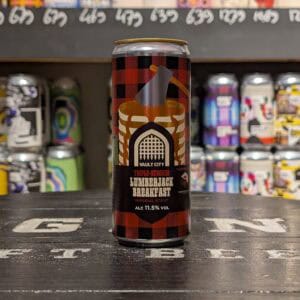 Bierblik van Lumberjack Breakfast met houtmotief en fleslogo.