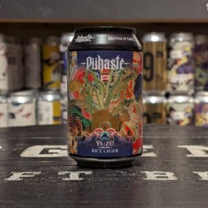 Yuzu rijstbier blik met kleurrijk design, verkrijgbaar bij Slijterij Van Gils.